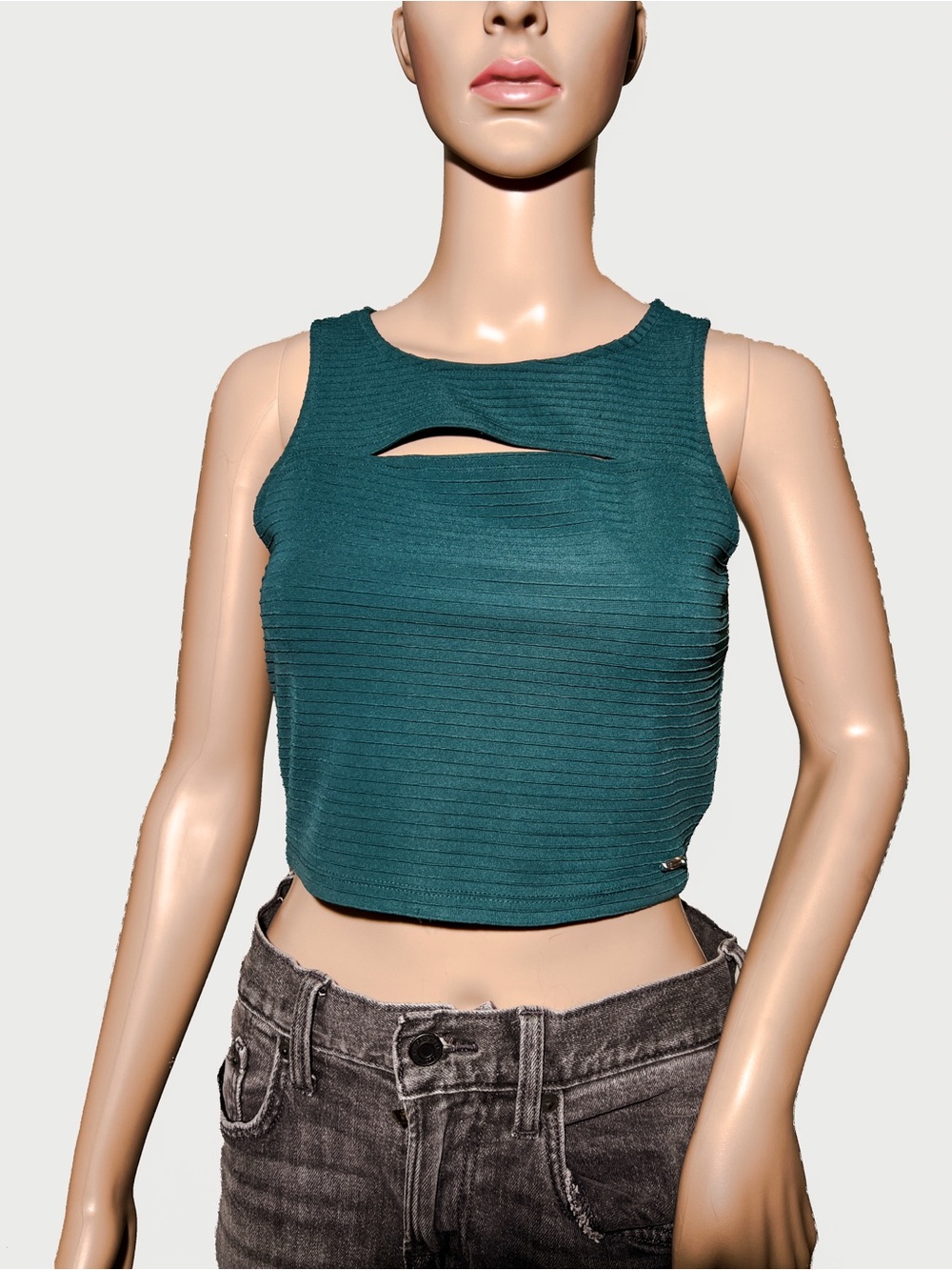 GUESS 1981 Dark Emerald Green Ribbed Cutout Crop Top XS